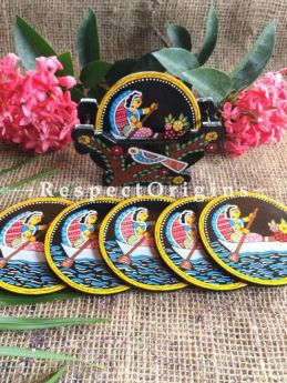 Buy Round Set of 6; Sailor of a Boat Hand Painted Tikuli Art Tea Coasters With Holder; 4 in At RespectOrigins.com