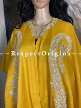 Tilla Embroidered Yellow Cape Shawl on Semi- Pashmina Wool; Free Size; RespectOrigins.com
