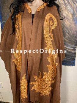Tilla Embroidered Brown Cape Shawl on Semi- Pashmina Wool; Free Size; RespectOrigins.com