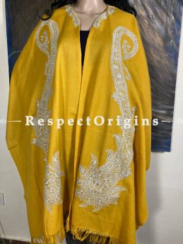 Tilla Embroidered Yellow Cape Shawl on Semi- Pashmina Wool; Free Size; RespectOrigins.com