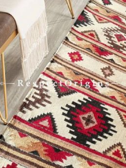 Buy Woolen Floor Runner with Cream base and Black Borders, Contrasting Colors and geometric design, Artisanal, One of a kind, handknotted, Tribal 12x2.5 Ft At RespectOrigins.com