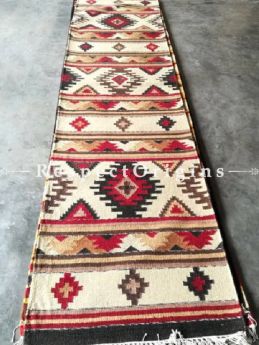 Buy Woolen Floor Runner with Cream base and Black Borders, Contrasting Colors and geometric design, Artisanal, One of a kind, handknotted, Tribal 12x2.5 Ft At RespectOrigins.com