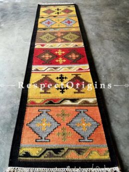 Buy Artisanal, Hand Knotted, One of a kind, Tribal, Woolen Floor Runner with Black Borders, Contrasting Colors and geometric design, 12x2.5 Ft At RespectOrigins.com
