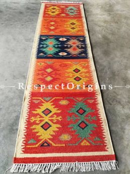 Buy Tribal, Hand Knotted, One of a kind, Artisanal, Woolen Floor Runner with Red and Cream Borders, Contrasting Colors and geometric design, 12x2.5 Ft At RespectOrigins.com