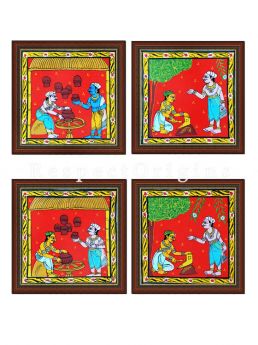 Buy Set of 4 Cheriyal Painting Square Wall Art Hand Painted on Canvas Tribal activities 8x8 inches at RespectOrigins.com