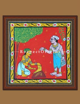 Painted Scrolls of Cheriyal; Man Sharping the Plough; Folk Art Square Painting in 8x8 in; Traditional Painting on Canvas