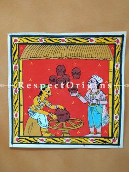 Painted Scrolls of Cheriyal; Pottery; Folk Art Square Painting in 8X8 inches; Traditional Painting on Canvas, RespectOrigins