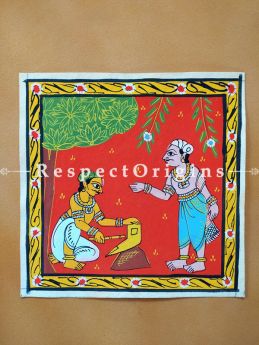 Painted Scrolls of Cheriyal; Man RepaiRing Plough; Folk Art Square Painting in 8X8 inches; Traditional Painting on Canvas, RespectOrigins