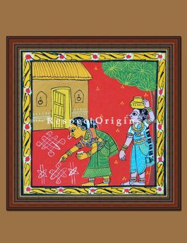 Painted Scrolls of Cheriyal; Lady MaKing Kolam; Folk Art Square Painting; 8x8 in; Traditional Painting on Canvas