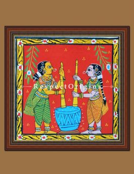 Colurful Framed Original Painted Scrolls of Cheriyal Folk Art; Ladies using Okhal; Square Painting in 8x8 in; Traditional Painting on Canvas