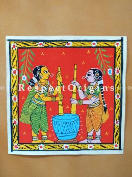 Painted Scrolls of Cheriyal; Ladies using Okhal; Folk Art Square Painting in 8X8 inches; Traditional Painting on Canvas; RespectOrigins