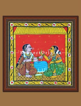 Painted Scrolls of Cheriyal; Ladies Using Grinder; Folk Art Square Painting in 8x8 in; Traditional Painting on Canvas