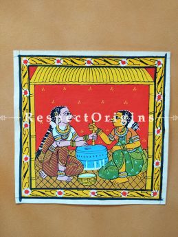 Painted Scrolls of Cheriyal; Ladies Using Grinder; Folk Art Square Painting in 8X8 inches; Traditional Painting on Canvas, RespectOrigins