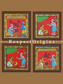 Painted Scrolls of Cheriyal; Man MaKing Pot; Folk Art Square Painting in 8X8 inches; Traditional Painting on Canvas, RespectOrigins
