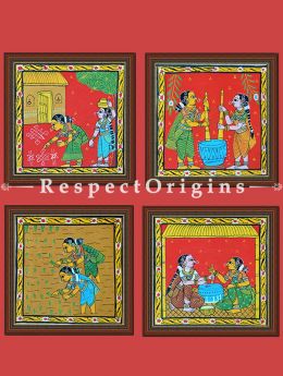 Painted Scrolls of Cheriyal; Lady MaKing Kolam; Folk Art Square Painting in 8X8 inches; Traditional Painting on Canvas; RespectOrigins