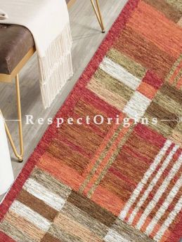 Buy Woolen Brown Threaded, red borders with linear patterns Mirzapuri Floor runner At RespectOrigins.com