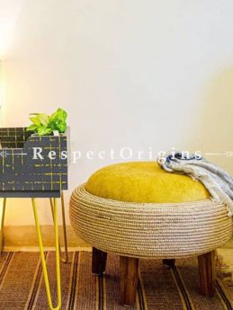 Buy Upcycled Yellow Old Tyre and Teak Wood Velvet Ottoman At RespectOrigins.com
