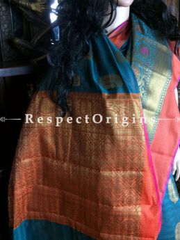 Marvelous Blue-orange Handwoven Banarasi Cotton Silk Saree; Zari Border & Butis, RespectOrigins.com