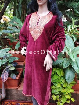 Luxurious Soft Velvet Cherry Red Kashmiri Pheran Top with Tilla Embroidery; Free Size; RespectOrigins.com