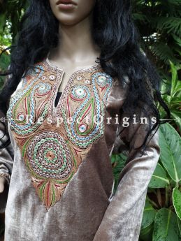 Luxurious Soft Velvet Beige Kashmiri Pheran Top with Tilla Embroidery; Free Size; RespectOrigins.com