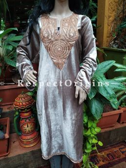 Luxurious Soft Velvet Beige Kashmiri Pheran Top with Gold Tilla Embroidery; Free Size; RespectOrigins.com