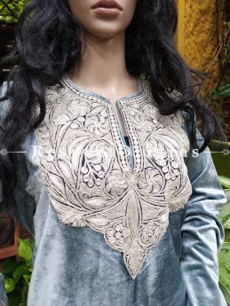 Luxurious Soft Velvet Grey Kashmiri Pheran Top with Tilla Embroidery; Free Size; RespectOrigins.com