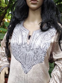 Classic Luxurious Soft Velvet Beige Kashmiri Pheran Top with Tilla Embroidery; Free Size; RespectOrigins.com