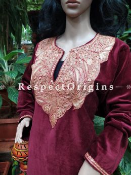 Luxurious Soft Velvet Rich Cherry Red Kashmiri Pheran Top with Golden Tilla Embroidery; Free Size; RespectOrigins.com