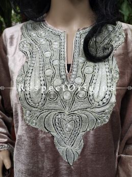 Luxurious Soft Velvet Beige Kashmiri Pheran Top with White Tilla Embroidery; Free Size; RespectOrigins.com