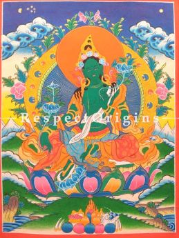 Vertical Thangka Painting of Green Tara in 14 x 11 inches On Canvas; Buddhist Traditional Painting Wall Art;RespectOrigins