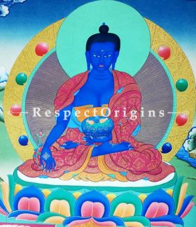 The Medicine Buddha Thangka in 22x18 in On Canvas; Buddhist Traditional Painting Wall Art