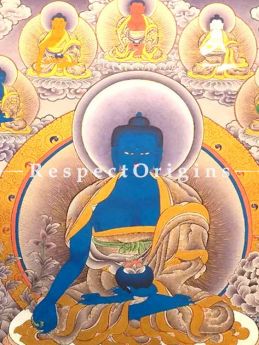 Medicine Buddha Thangka in 30x20 in On Canvas; Buddhist Traditional Painting Wall Art