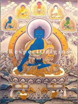 Vertical Thangka Painting of Medicine Buddha in 30x20 inches On Canvas; Buddhist Traditional Painting Wall Art; RespectOrigins