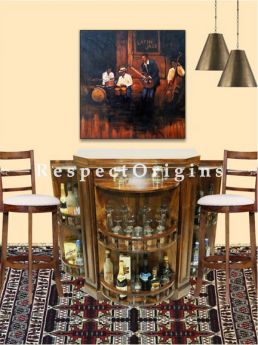 Buy Vintage Finish Wooden Bar Cabinet in Curve Shape with a Pair of Bar Stools At RespectOrigins.com