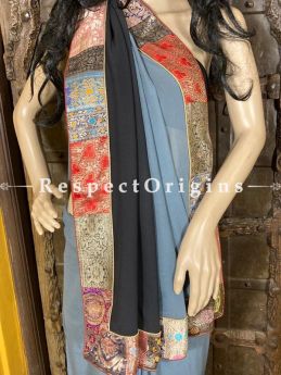 Vintage Powder Blue-Black Shaded Banarasi Border on Georgette Designer Formal Ready-to-Wear Saree ; RespectOrigins.com