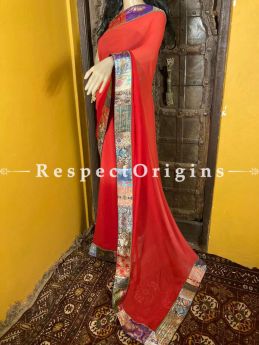 Vintage Red Shaded Banarasi Border on Georgette Designer Formal Ready-to-Wear Saree; RespectOrigins.com