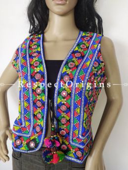 Navratri Special! Embroidered Boho Ladies Banjara Cotton Blue Koti Jackets with Ties; Freesize; RespectOrigins.com