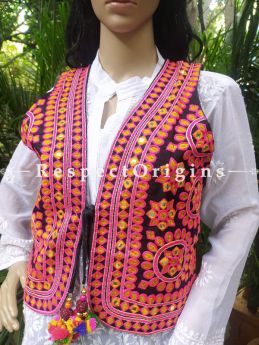 Navratri Special! Embroidered Boho Ladies Red Banjara Cotton Koti Jackets with Ties; Freesize; RespectOrigins.com