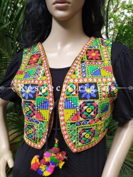 Navratri Special! Kutchi Embroidered Boho Colourful Ladies Koti or Waistcoats with Ties; Freesize; RespectOrigins.com