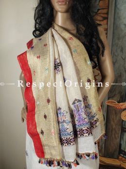 White Linen Handwoven Saree With Suf Hand-embroidery with Red and Zari Border Online at RespectOrigins.com