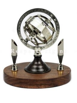 Buy Chrome Plated Globe Pen Holders With Dual Sided Nautical Globes & Compass with Wooden Base At RespectOrigins.com