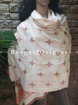 White Soof Embroidered Woollen Shawl or Stole With Green and Orange Embroidery Online at RespectOrigins.com