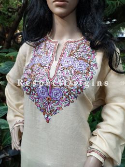 Pashmina Wollen Pheran Beige Top with Papier Mache Embroidery; Free Size; RespectOrigins.com