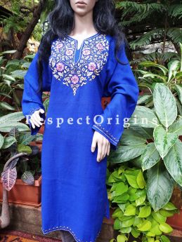 Stunning Pashmina Wollen Pheran Blue Top with Papier Mache Embroidery; Free Size; RespectOrigins.com