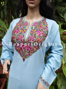 Fabulous Pashmina Wollen Pheran Blue Top with Papier Mache Embroidery; Free Size; RespectOrigins.com