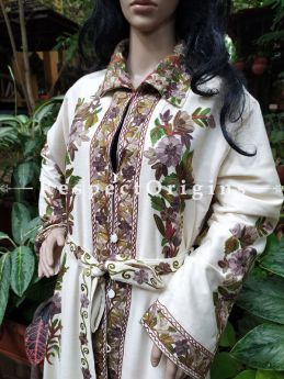 Luxurious Cream Woolen Hand Embroidered Gown with Tie; Free Size; RespectOrigins.com