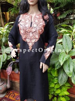 Pashmina Wollen Pheran Black Top with Gold Tilla Embroidery; Free Size; RespectOrigins.com