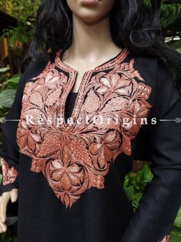 Fabulous Pashmina Wollen Pheran Black Top with Gold Tilla Embroidery; Free Size; RespectOrigins.com