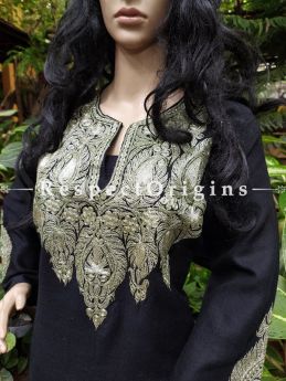 Classic Pashmina Wollen Pheran Black Top with Tilla Embroidery; Free Size; RespectOrigins.com
