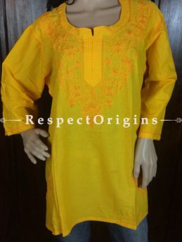 Buy Yellow Chikankari Embroidered Short Kurti; Cotton at RespectOrigins.com